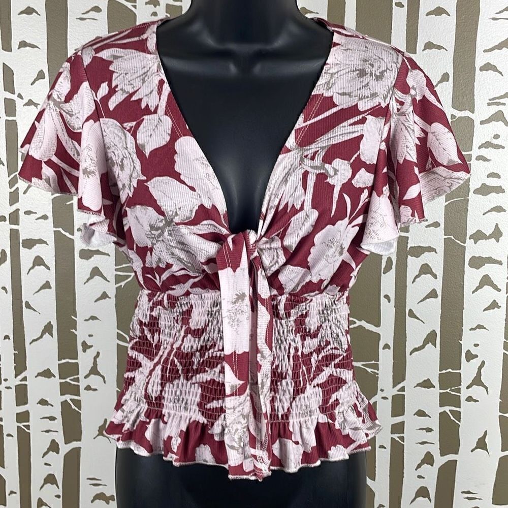 See The Shades Smocked Waist Tie Front Flutter Sleeve Top S NEW